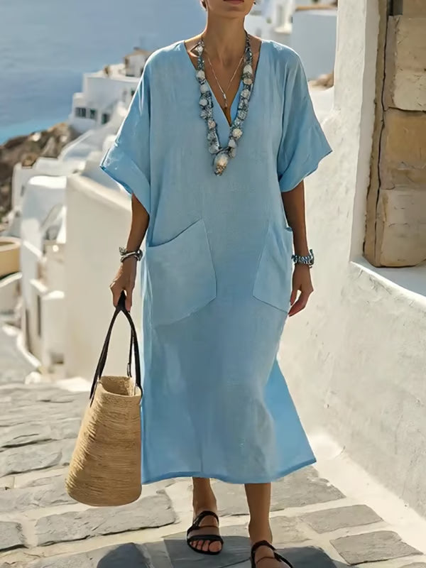 Robe en lin bleu avec grandes poches