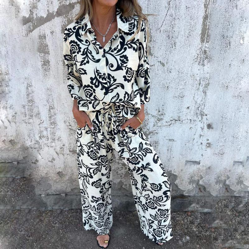 Ensemble chic de 2 pièces composé d'une chemise à boutons imprimée et d'un pantalon à jambes larges pour femmes