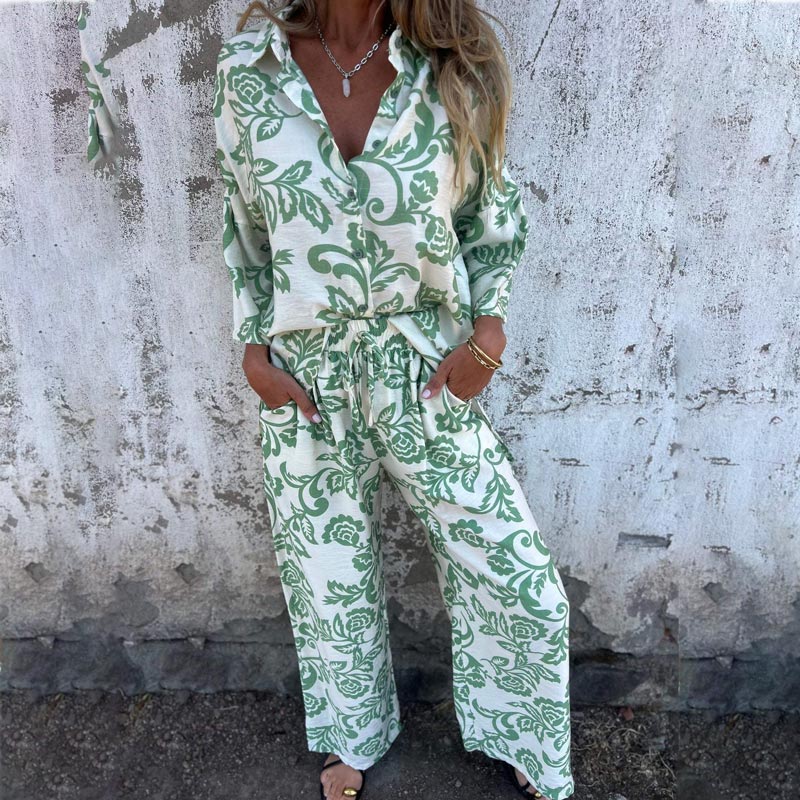 Ensemble chic de 2 pièces composé d'une chemise à boutons imprimée et d'un pantalon à jambes larges pour femmes