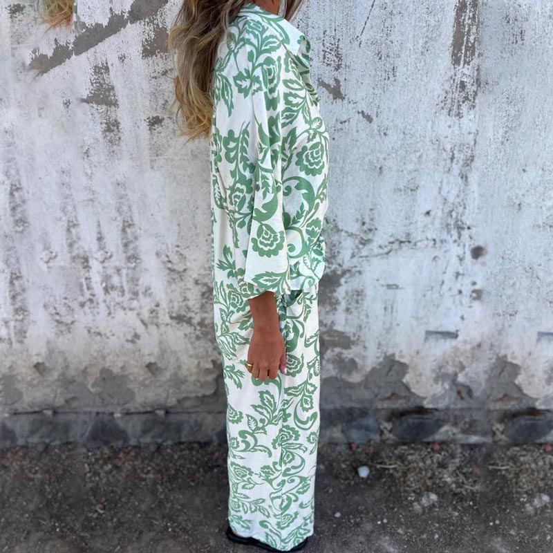Ensemble chic de 2 pièces composé d'une chemise à boutons imprimée et d'un pantalon à jambes larges pour femmes