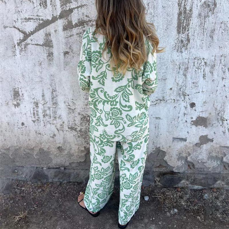 Ensemble chic de 2 pièces composé d'une chemise à boutons imprimée et d'un pantalon à jambes larges pour femmes