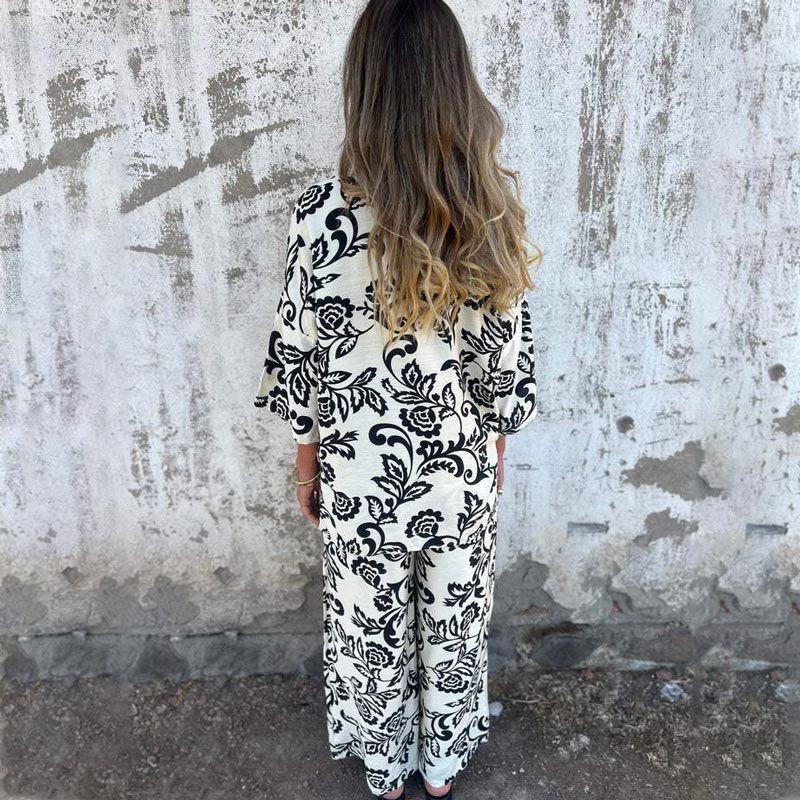 Ensemble chic de 2 pièces composé d'une chemise à boutons imprimée et d'un pantalon à jambes larges pour femmes