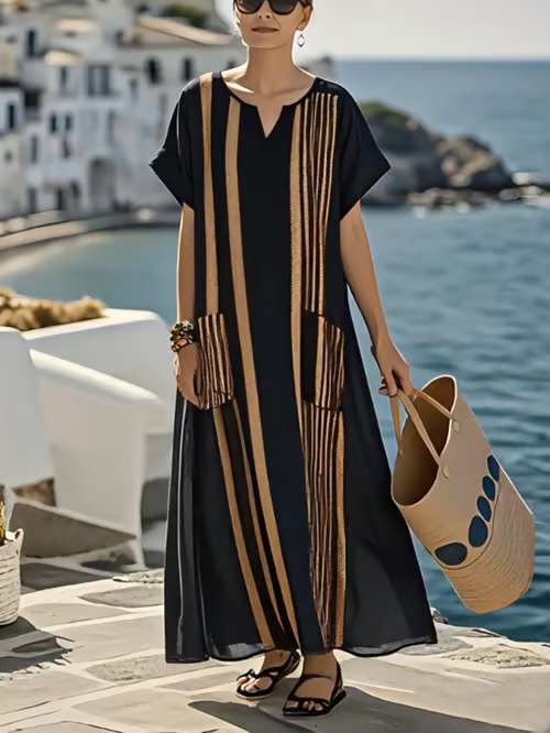 Robe à Rayures Dorées en Lin