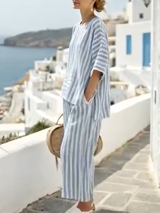 Ensemble rayé ample avec taille élastique
