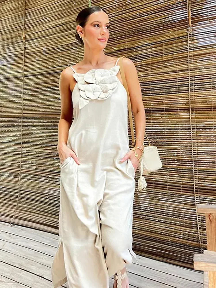 3d Floral Summer Pocket Sling Midi Dress Women Fashion Backless Sleeveless Side Split Dresses Elegant Female Party Club Vestidos