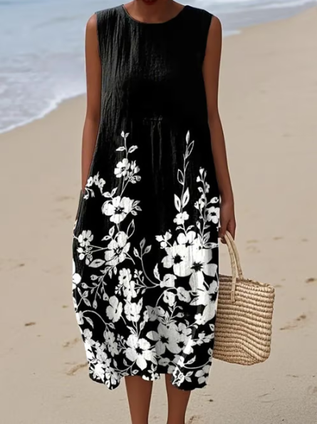 Robe en lin noir avec des fleurs blanches