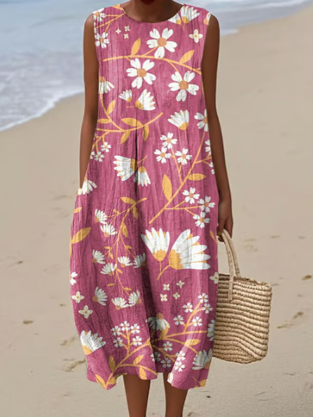 Robe en lin rose avec des marguerites