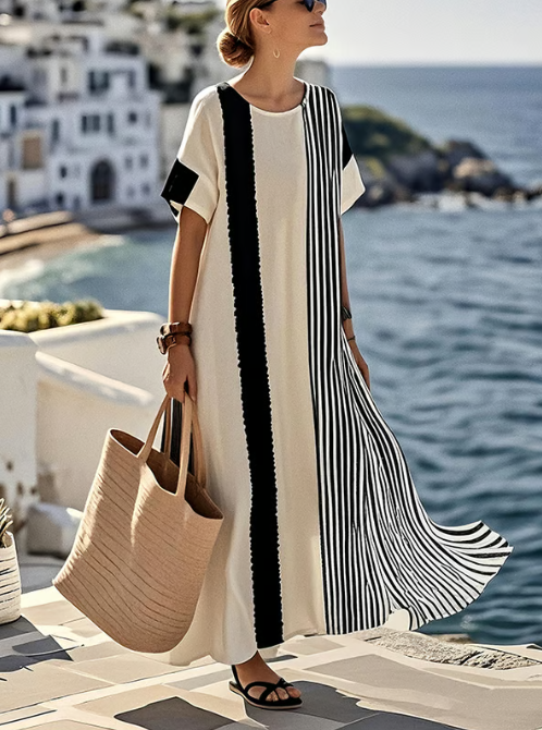 Robe longue en lin avec des rayures contrastées