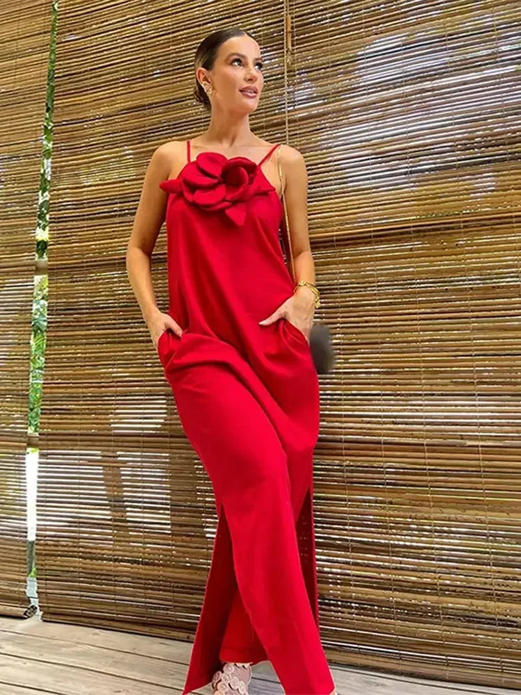 3d Floral Summer Pocket Sling Midi Dress Women Fashion Backless Sleeveless Side Split Dresses Elegant Female Party Club Vestidos