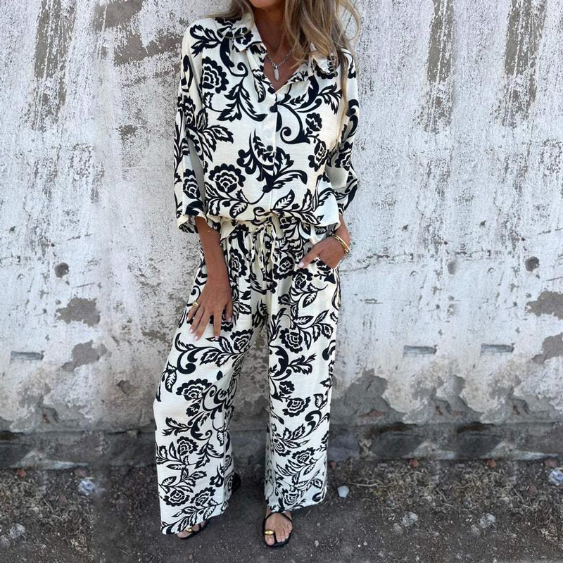 Ensemble chic de 2 pièces composé d'une chemise à boutons imprimée et d'un pantalon à jambes larges pour femmes